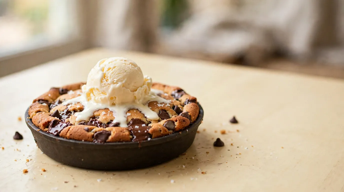 Warm pizookie topped with melting vanilla ice cream, served in its baking pan